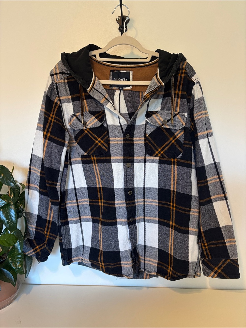Men's Plaid Button-Down Shirt with Hood - Black, White & Brown